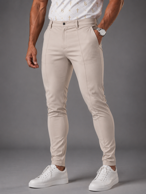 Full Salvation Apparel Legacy Trouser in Sand — men's straight-leg embroidered Christian menswear trousers, front view