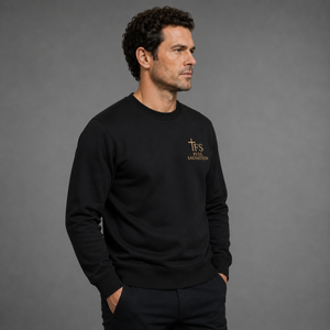 Side profile of a man wearing the Full Salvation Apparel Essential Organic Cotton Crewneck Sweatshirt in Black