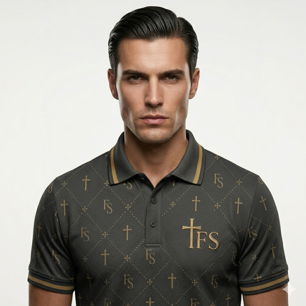 Close-up detail of Kingdom Polo shirt collar and placket - Full Salvation Apparel