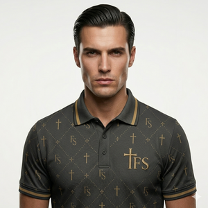 Close-up detail of Kingdom Polo shirt collar and placket - Full Salvation Apparel
