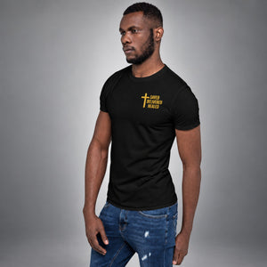Man wearing a black Saved Delivered Healed embroidered cross t-shirt, three-quarter view