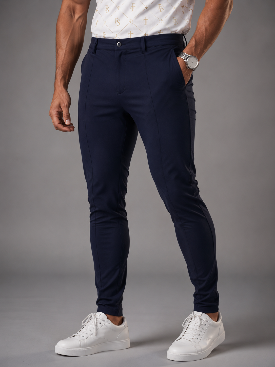 Full Salvation Apparel Legacy Trouser in Navy — men's straight-leg embroidered Christian menswear trousers, front view