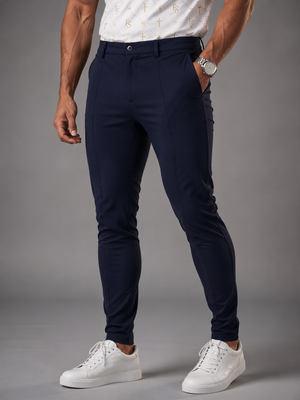 Full Salvation Apparel Legacy Trouser in Navy — men's straight-leg embroidered Christian menswear trousers, front view