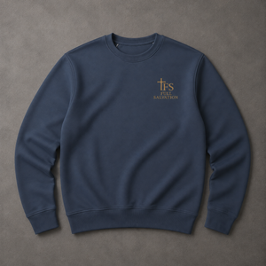 Flat lay of the Full Salvation Apparel Essential Organic Cotton Crewneck Sweatshirt in French Navy with embroidered gold cross emblem