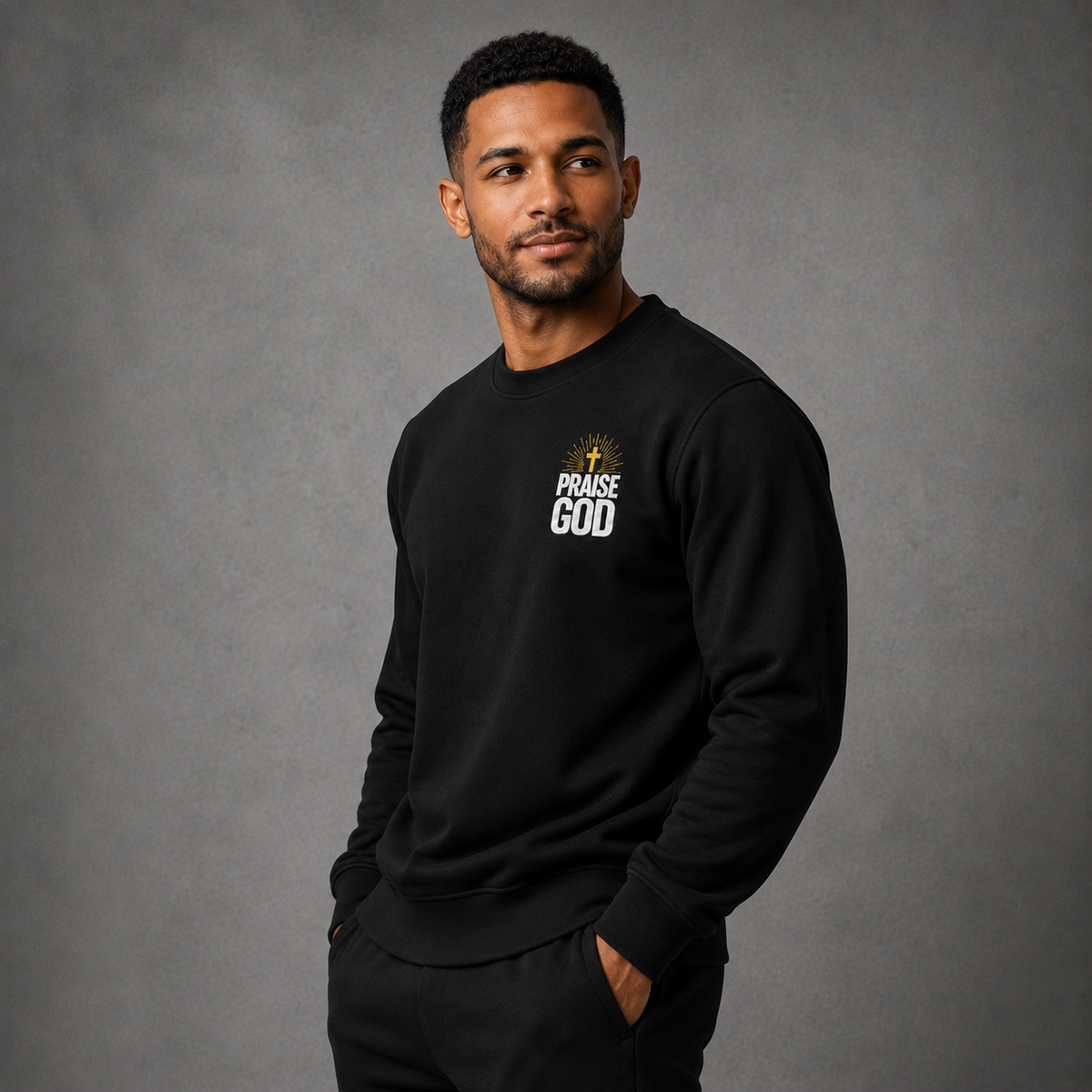 Praise God Glory Crewneck sweatshirt shown in Black, Blue, and Red colorways