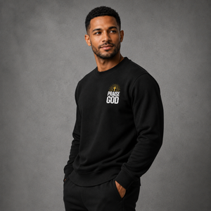 Praise God Glory Crewneck sweatshirt shown in Black, Blue, and Red colorways