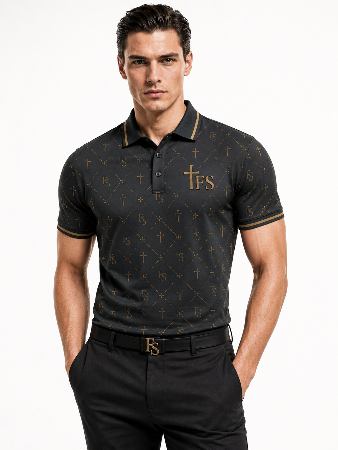 Men's black Kingdom Polo shirt - Full Salvation Apparel luxury faith apparel