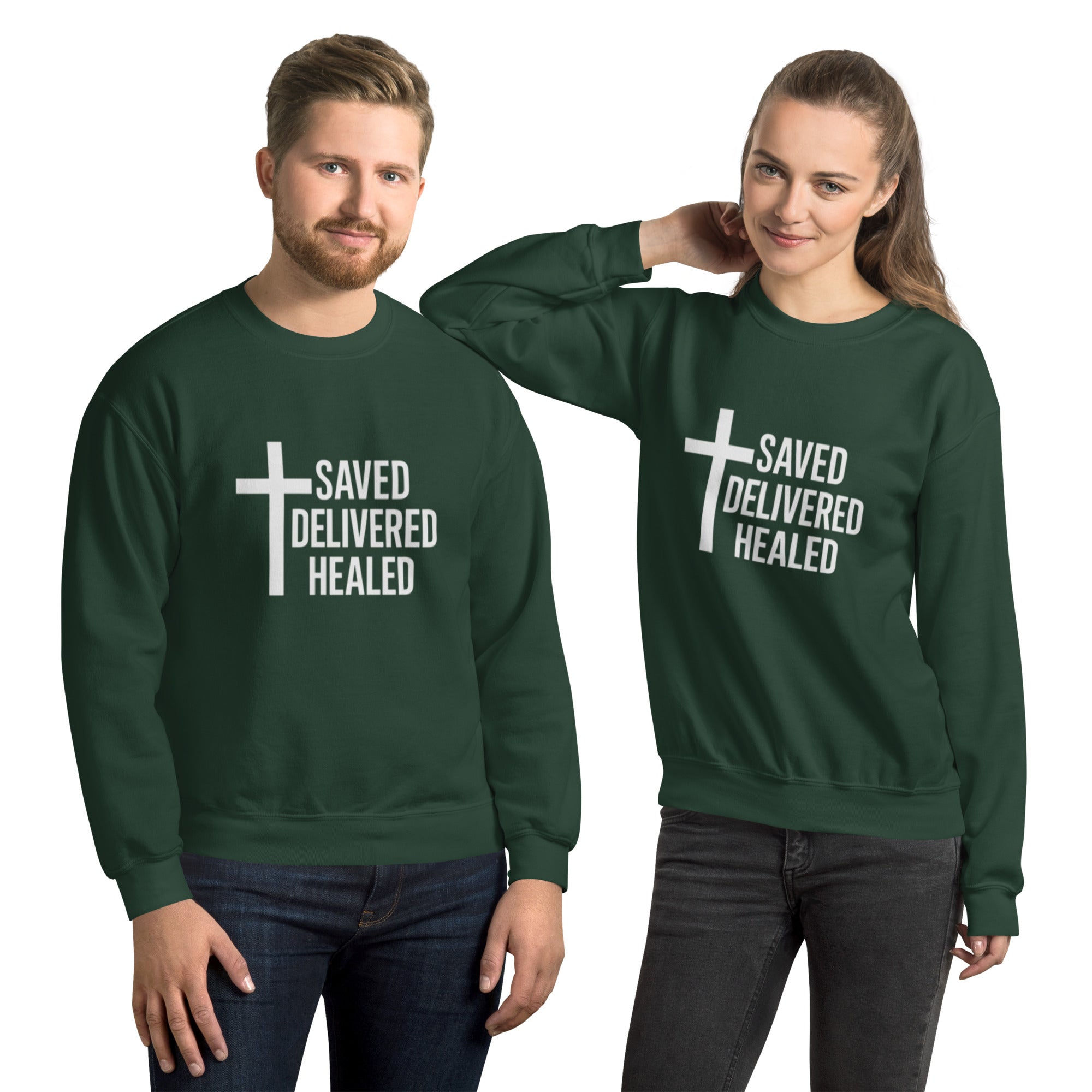SDH Unisex Christian Crew Neck Sweatshirt Forest Green Front - Full Salvation Apparel