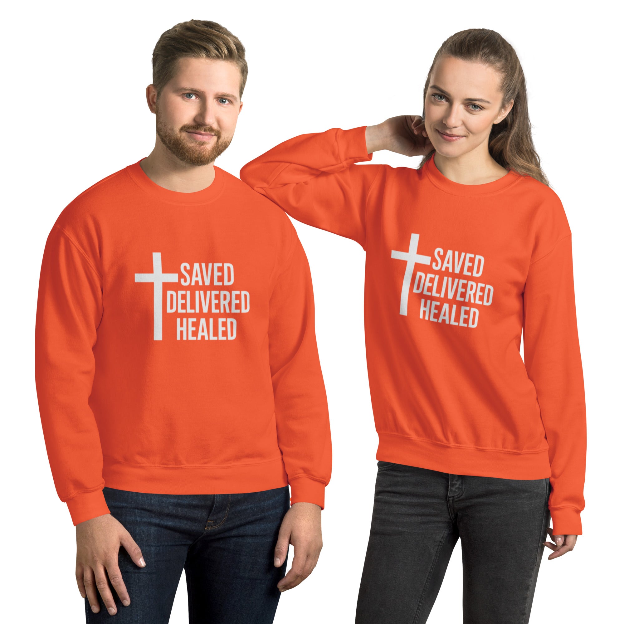 SDH Unisex Christian Crew Neck Sweatshirt Orange Front - Full Salvation Apparel