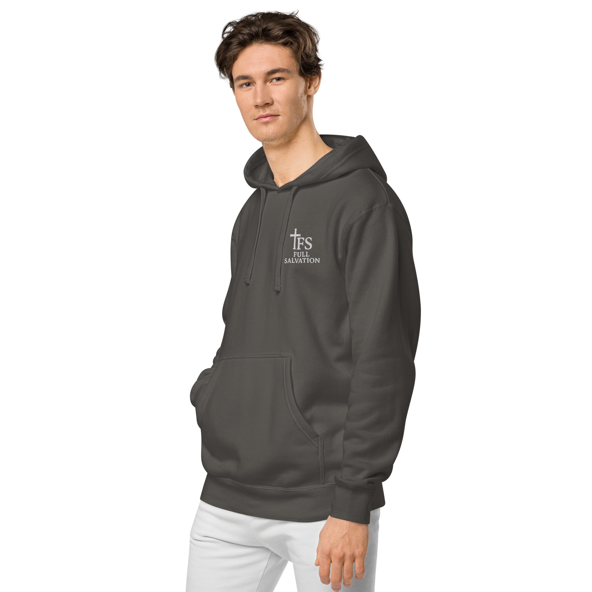 FS Christian Pigment-Dyed Hoodie Black Left Front - Full Salvation Apparel